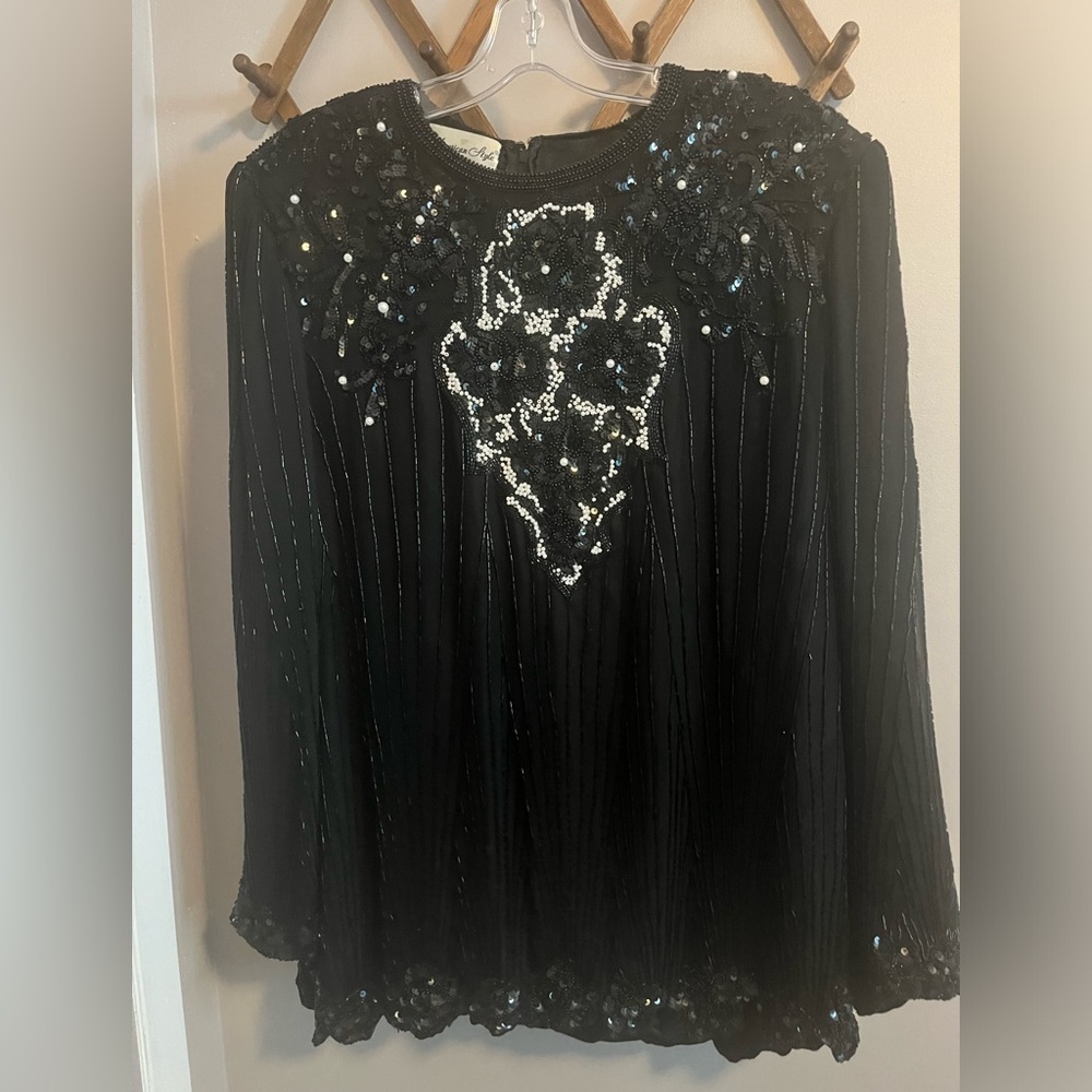 Vintage American Style Beaded Silk Blouse | XL Gothic Glam Vampy Statement Top